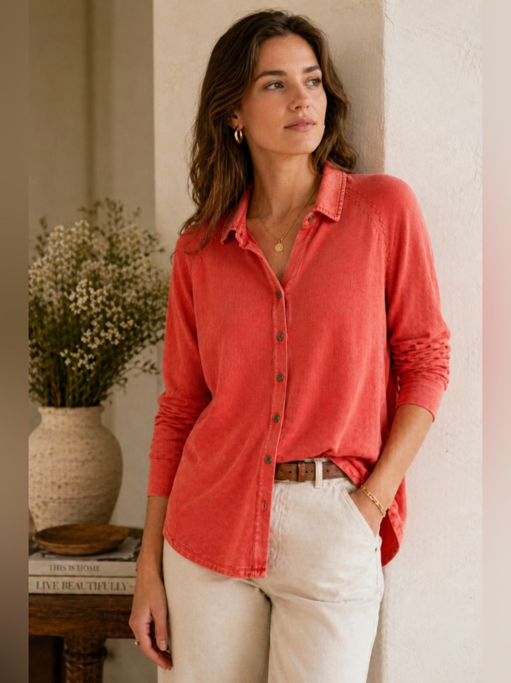 PBJ Blues Coral 100% Cotton Button Front Knit Top Hi Low Hem
